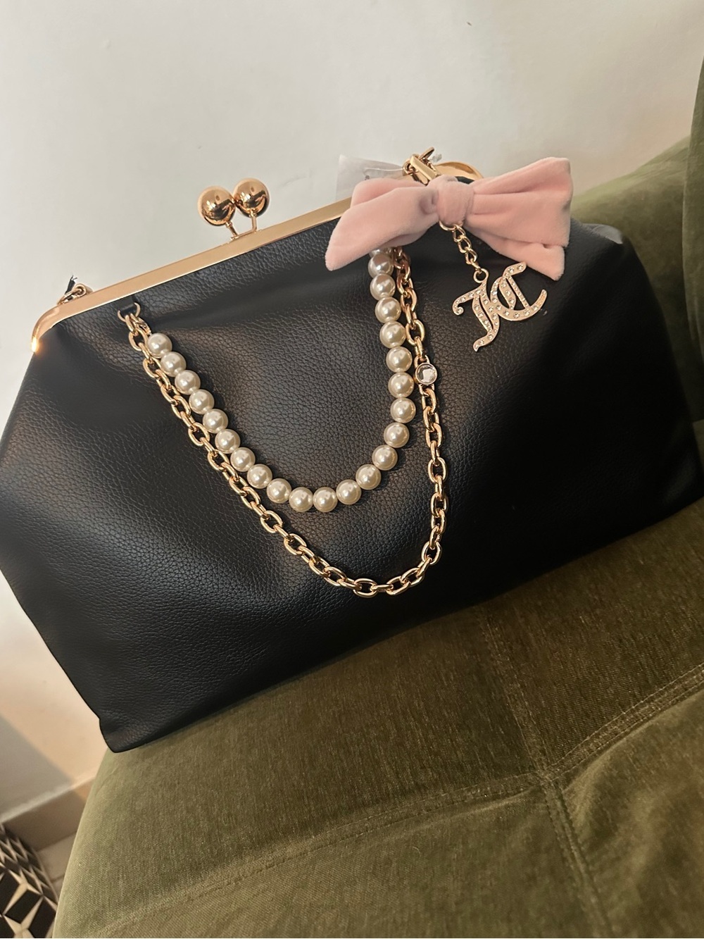 Juicy Couture Black Satchel with Pink Bow Charm and Gold Frame - Picture 6 of 6